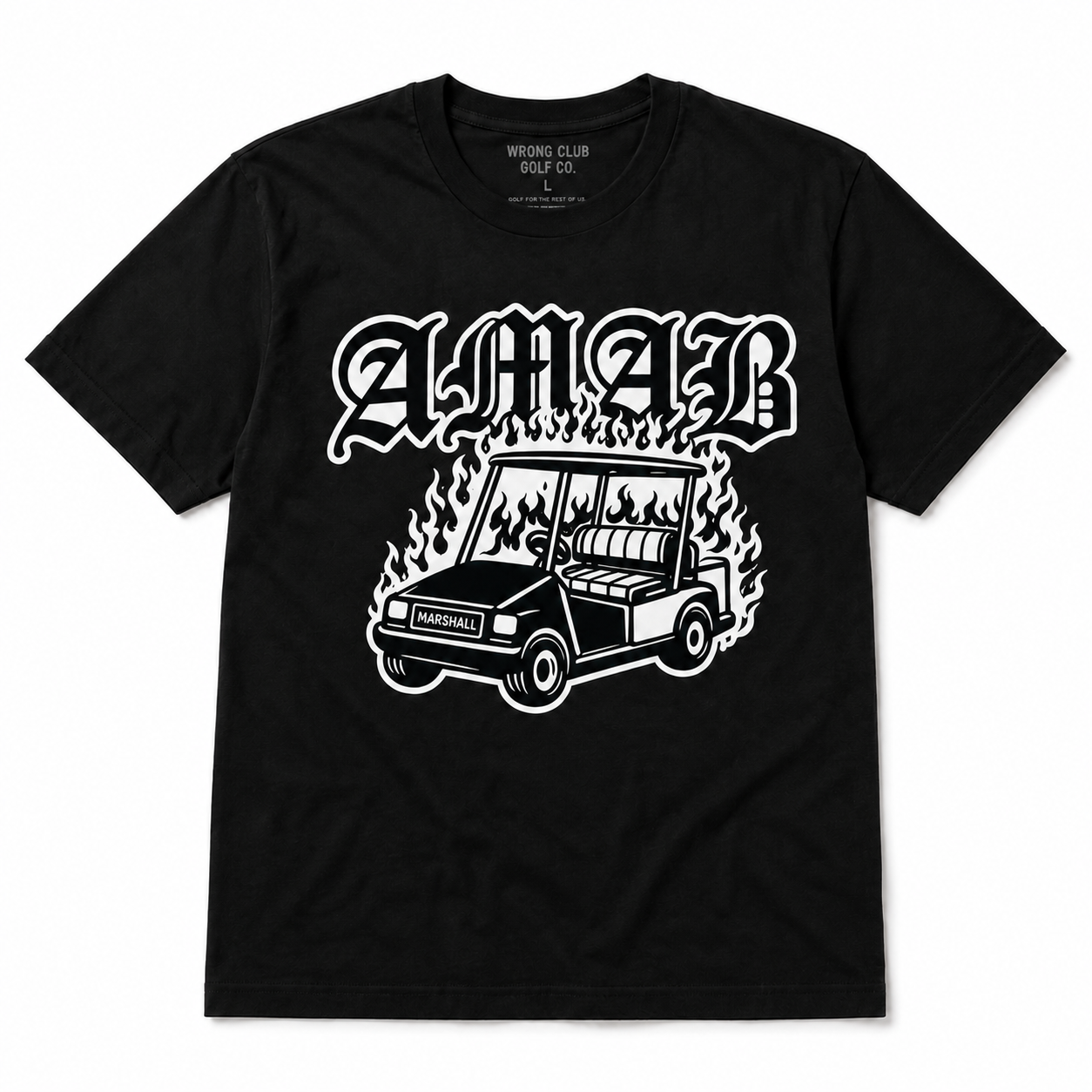 Burning Marshal Tee, black graphic tee with a flaming marshal cart illustration
