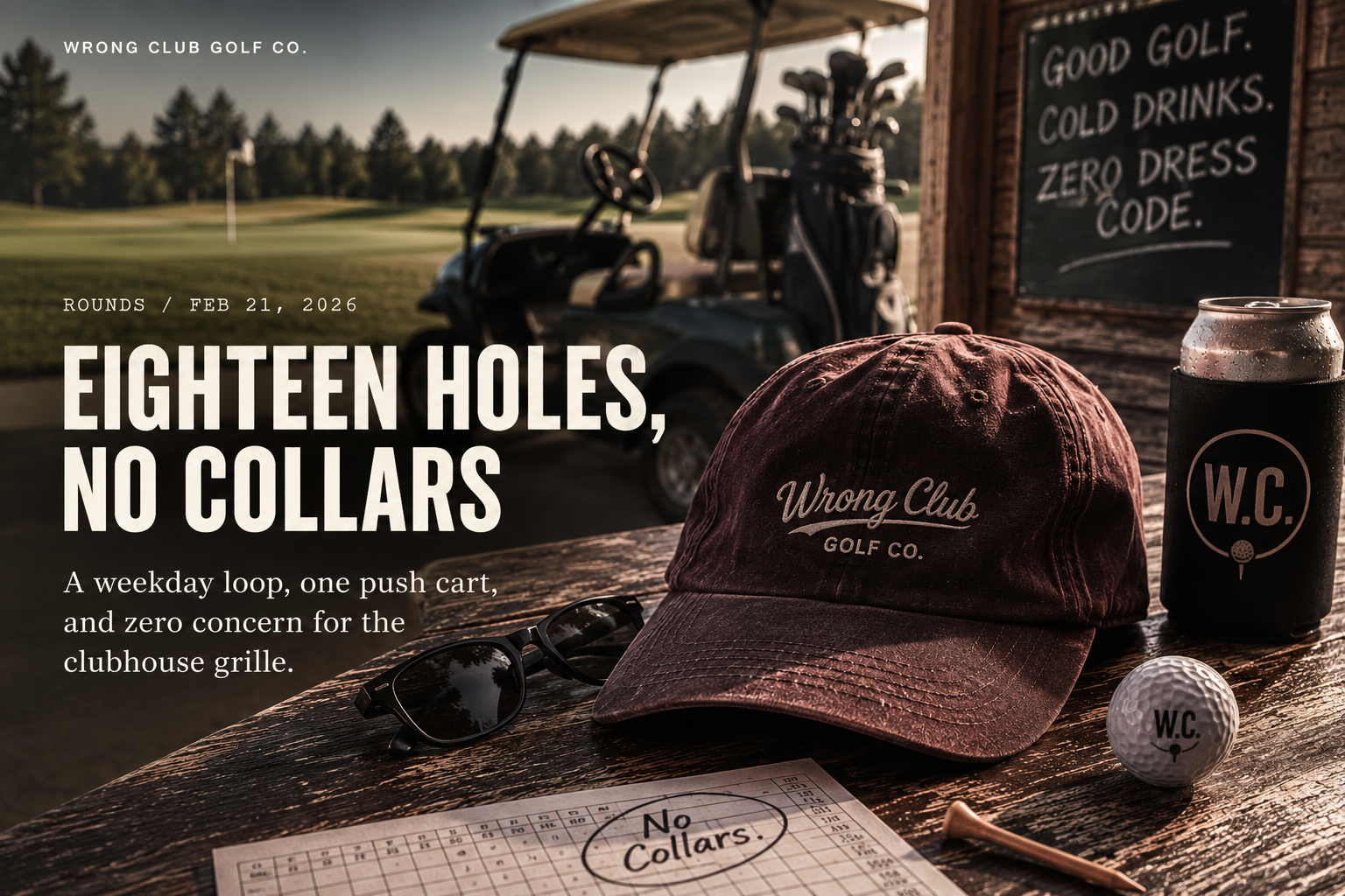 Wrong Club cap and golf essentials on a clubhouse counter overlooking the course