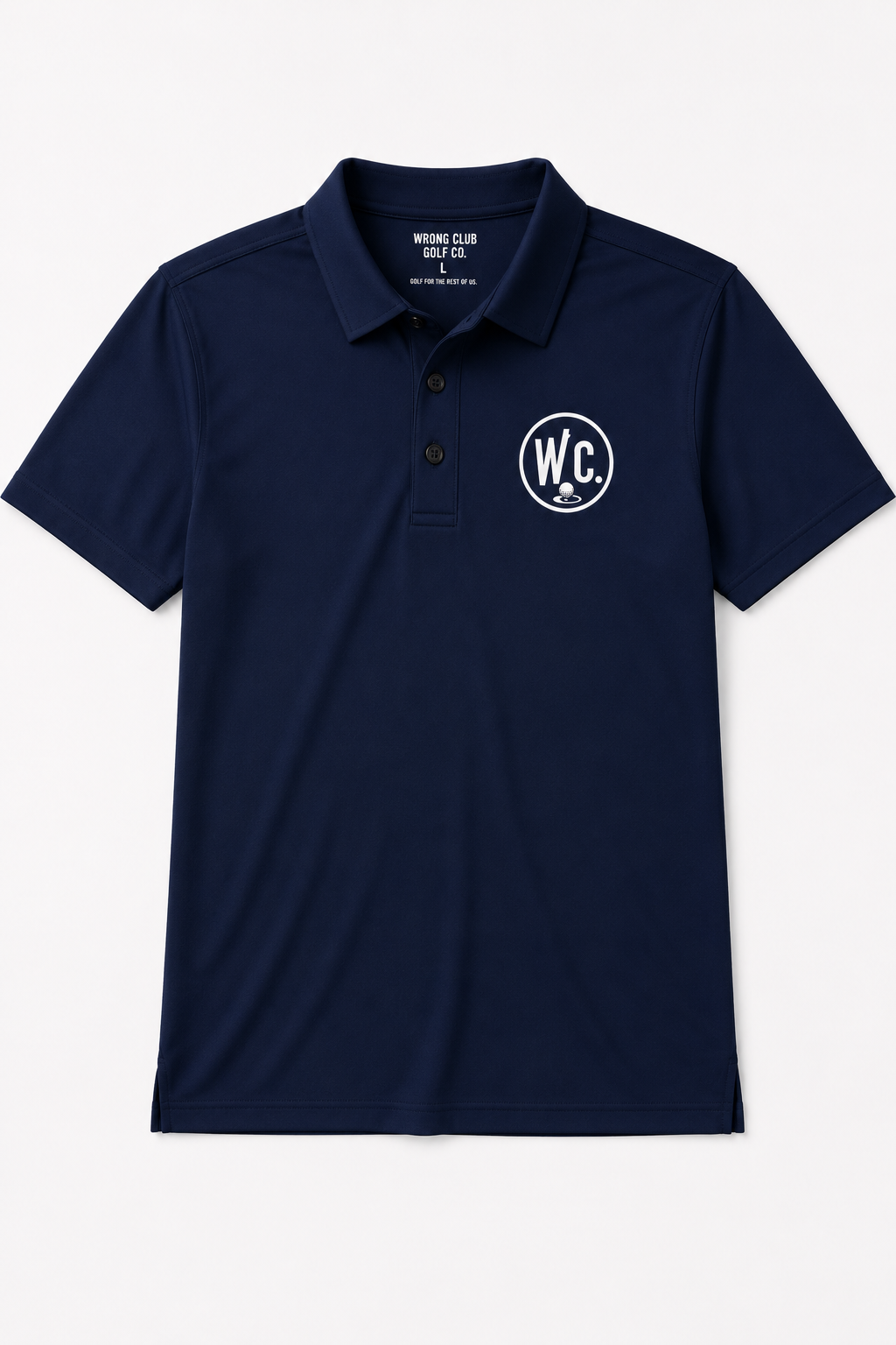 Navy Wrong Club Crest Polo with a white ball-and-cup chest mark