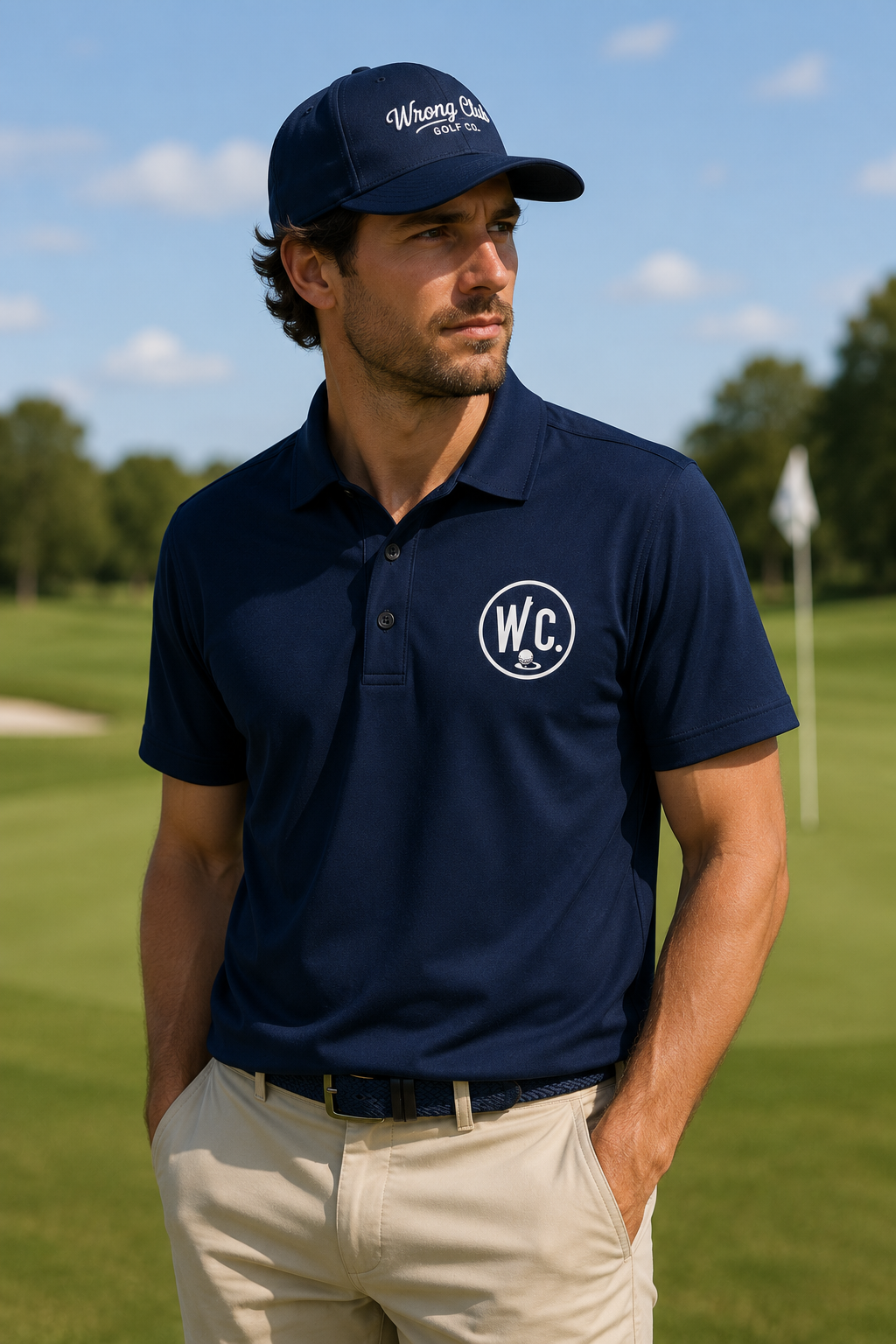 Model wearing the navy Wrong Club Crest Polo on a golf course