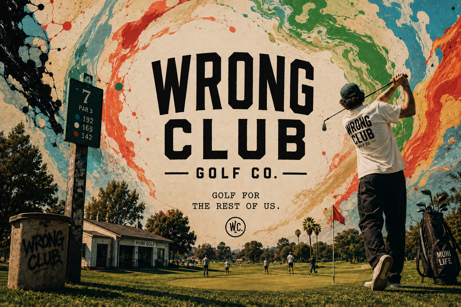 Wrong Club Golf Co. artwork featuring a golfer at a municipal course surrounded by marbled paint