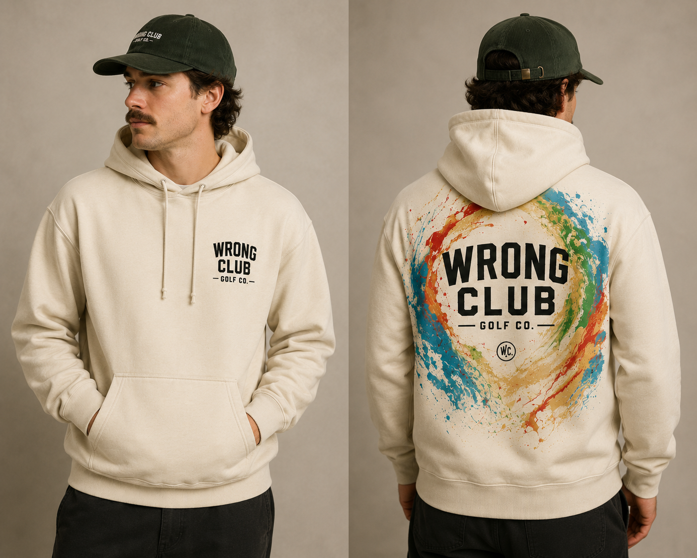 Model wearing the bone Wrong Club Swirl Hoodie, shown from the front and back
